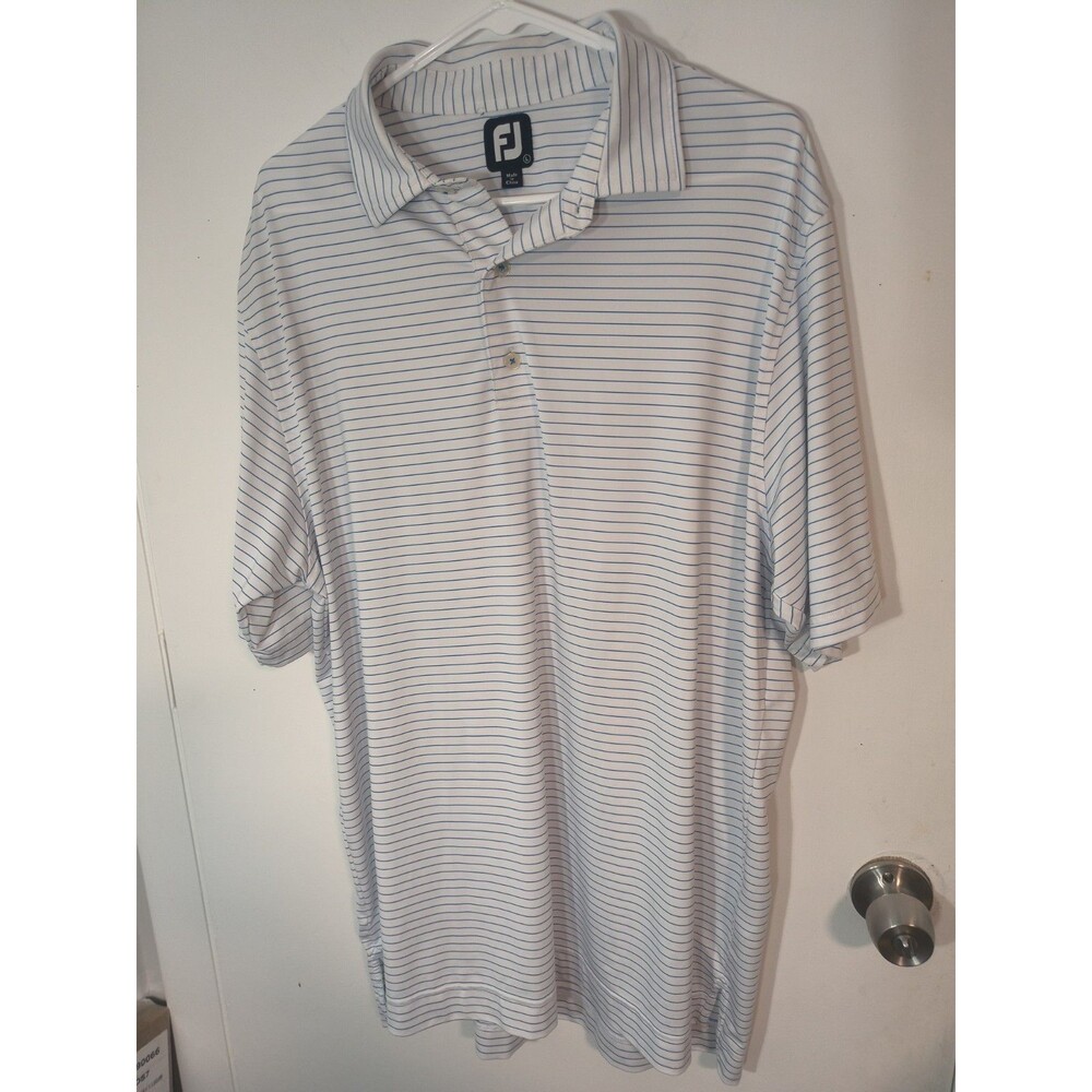Foot Joy Men's Large Golf Polo White/Blue Collared Short Sleeve Steipes